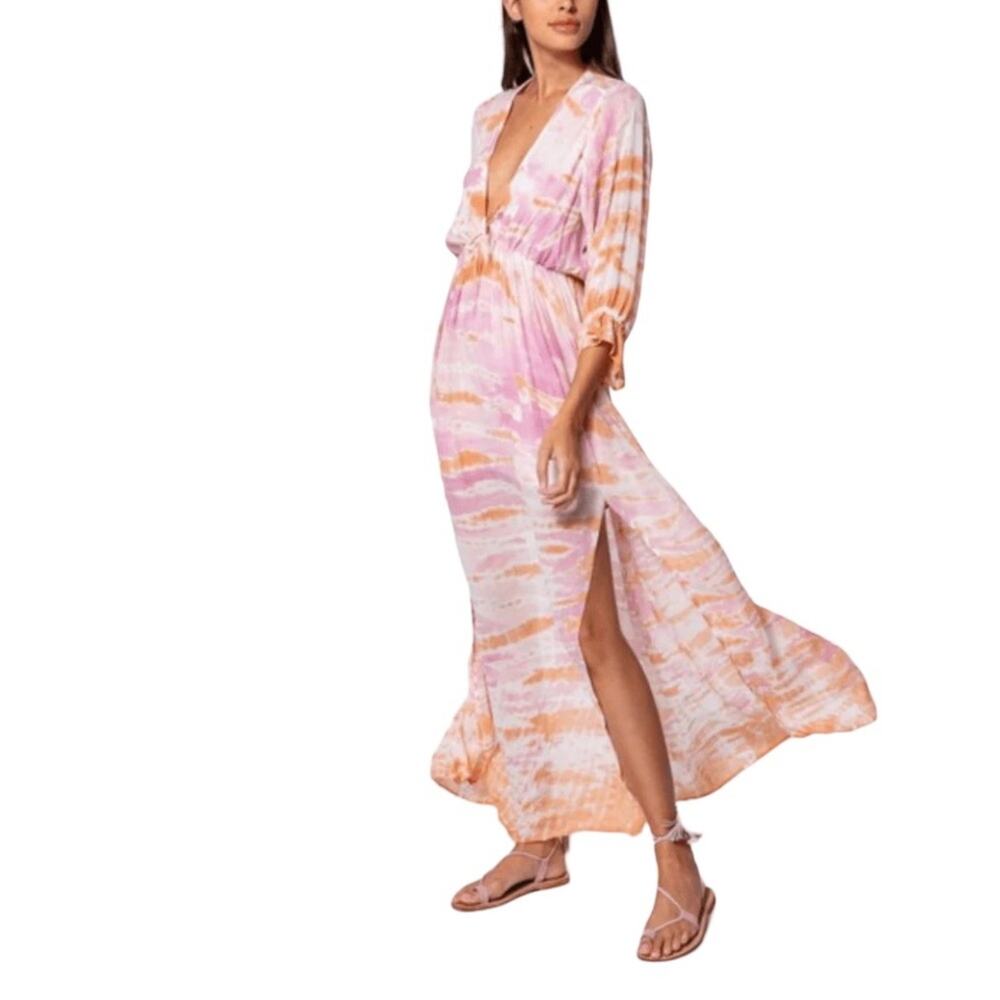 YOUNG FABULOUS & BROKE Meadow Lavender Orange Tie Dye Semi Sheer Maxi Dress